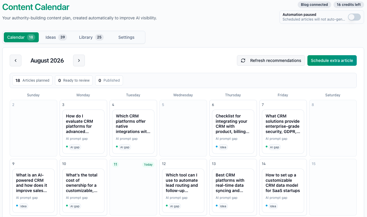 Glim Content Agent calendar with a reviewable article workflow