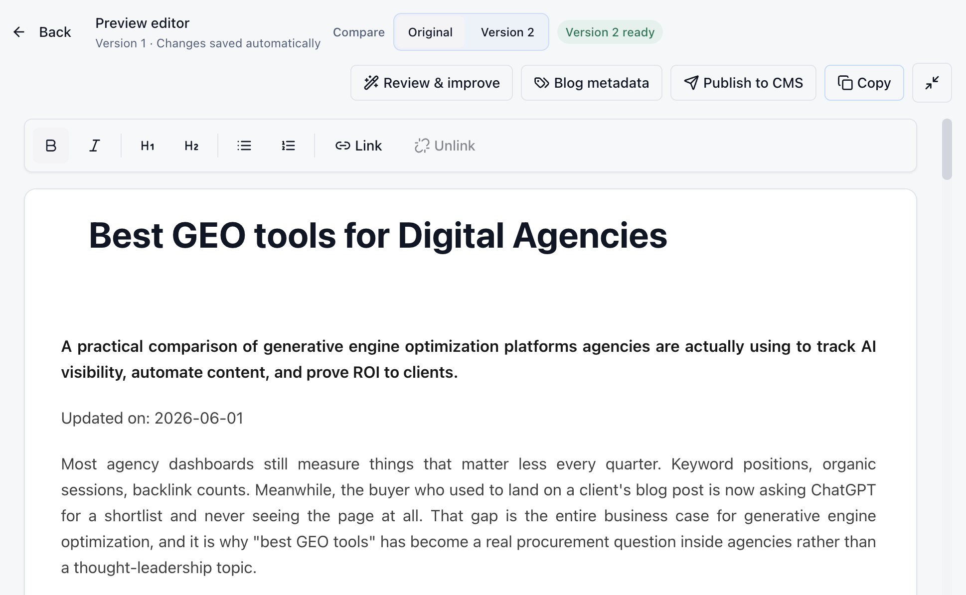 Glim content preview and publishing workflow for turning an evidence gap into a reviewed page